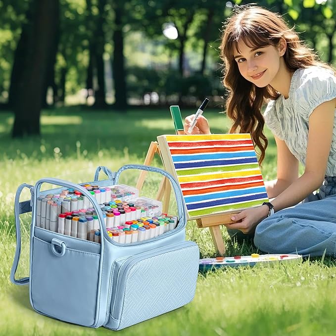 Large Marker Organizer Case for 180 Markers, Marker Storage Bag for Markers, Paint Brushes, Colored Pencils or Other Art Supplies with Dividers and Shoulder Strap (Blue)