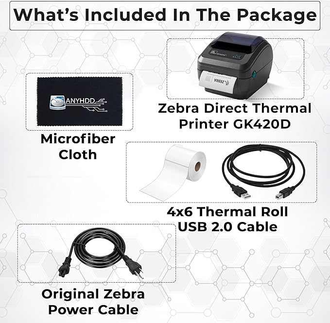 Zebra GK420D Direct Thermal Label & Barcode Printer Bundle - 1 Year Warranty - Ethernet Connectivity Printer with 24V AC Adapter + 4x6 Label Roll + USB 2.0 Cable + Microfiber Cloth (Renewed)