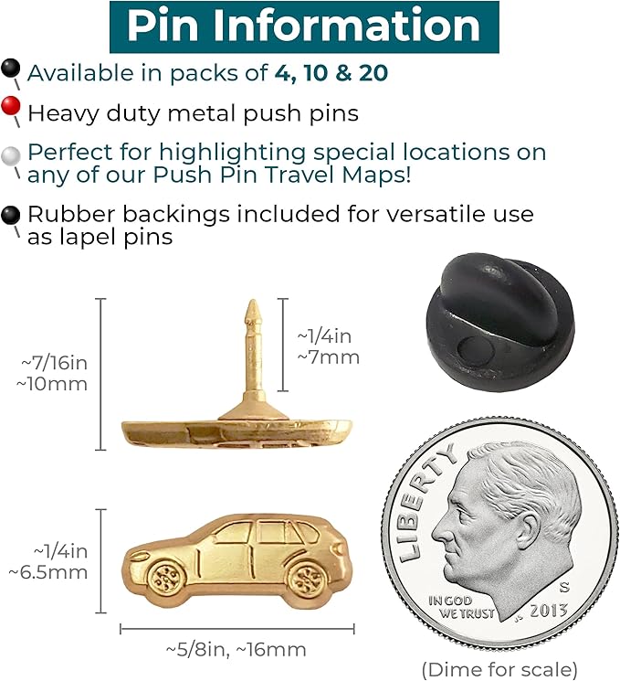 Car Push Pins - Gold Car Pins - for Cork Board, Maps, or Lapel Pin Use - Designed in USA - Set of 4