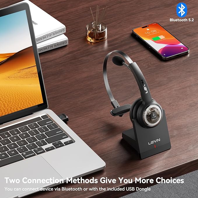 LEVN Wireless Headset with Mic for Work, Wireless Headset (Charging Base, Noise Cancelling & Mute Button), Long Battery Life, Bluetooth Headsets for Home/Office/Call Center/Laptop/Teams/Zoom, Black