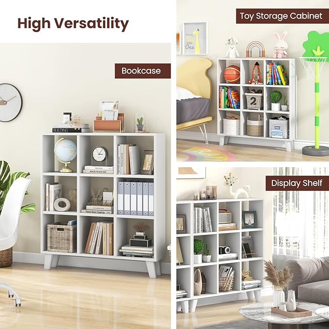 Giantex 9-Cube Open Bookcase of 2, 3-Tier Freestanding Bookshelf with 4 Slanted Legs & 6 Removable Shelves, Modern Cubby Storage Organizer, Wood Display Book Shelf for Living Room Bedroom Study, White