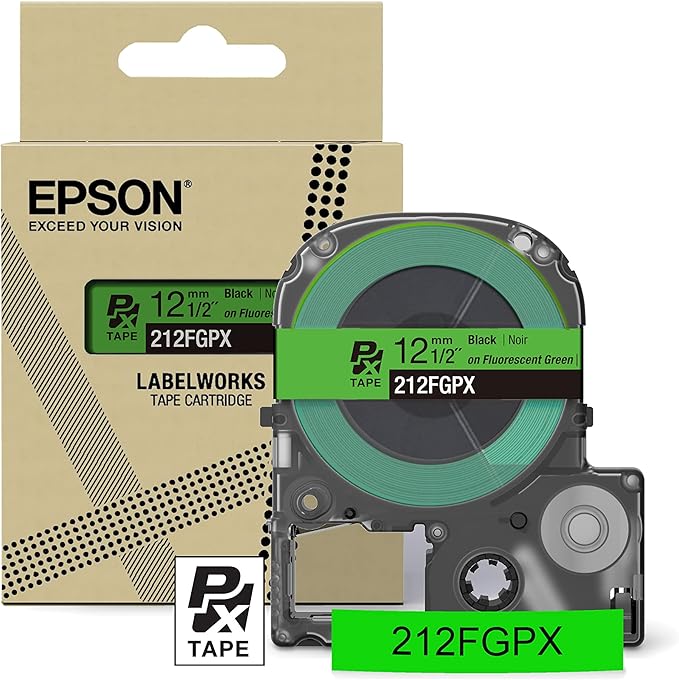 Epson LABELWORKS 212FGPX Genuine PET (Polyester) Tape Cartridge - Black on Fluorescent Green Designer Craft Label Maker Tape - 1/2" (12MM) Wide, 16'