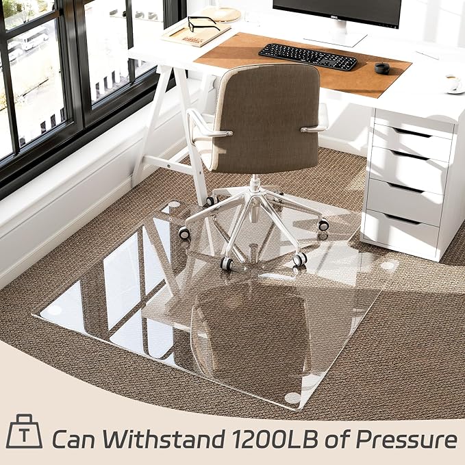GLSLAND Irregular Tempered Glass Floor Mat - 36" x 48" Office Chair Mat for Carpet Clear Duty Hard Rolling Glass Mat 1/5" Thick for Hardwood Floor/Carpeted Floors, Clear