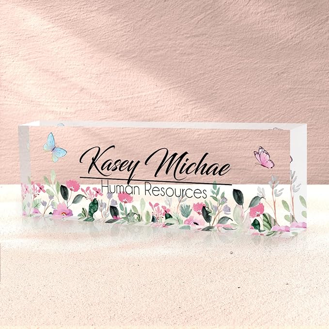 SalaGraphics Desk Name Plate Personalized, Custom for Desk, Office Decor Women Men, Acrylic Accessories, Gifts Coworkers Boss Teacher, Employee Appreciation (Flowers B) 8”(L)x2.5(W)