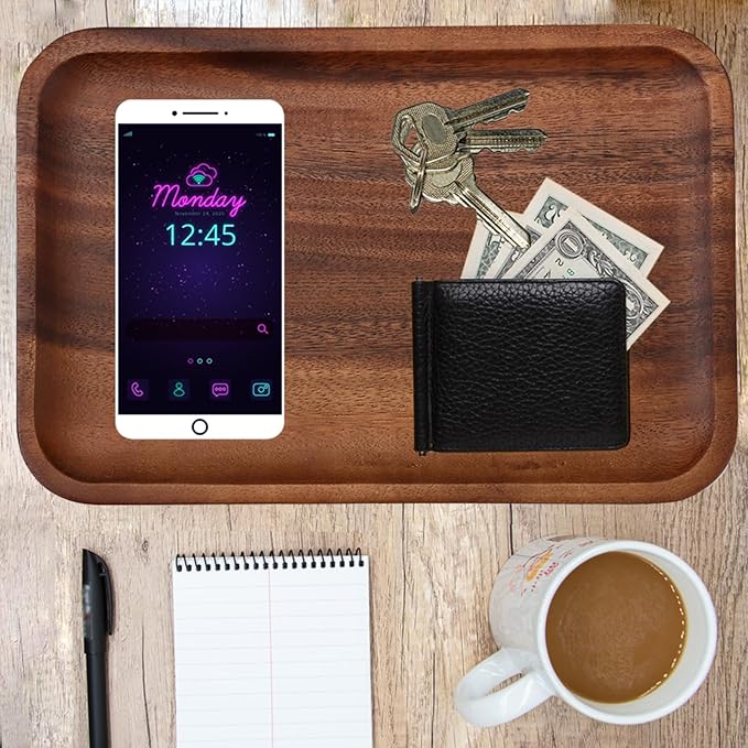 2PCS Serving Wood Valet Tray for Men Women, Catch All Acacia Mens Key Dump Bedside Nightstand Organizer EDC Decorative Wooden Tray for Phone Watch Wallet Keys