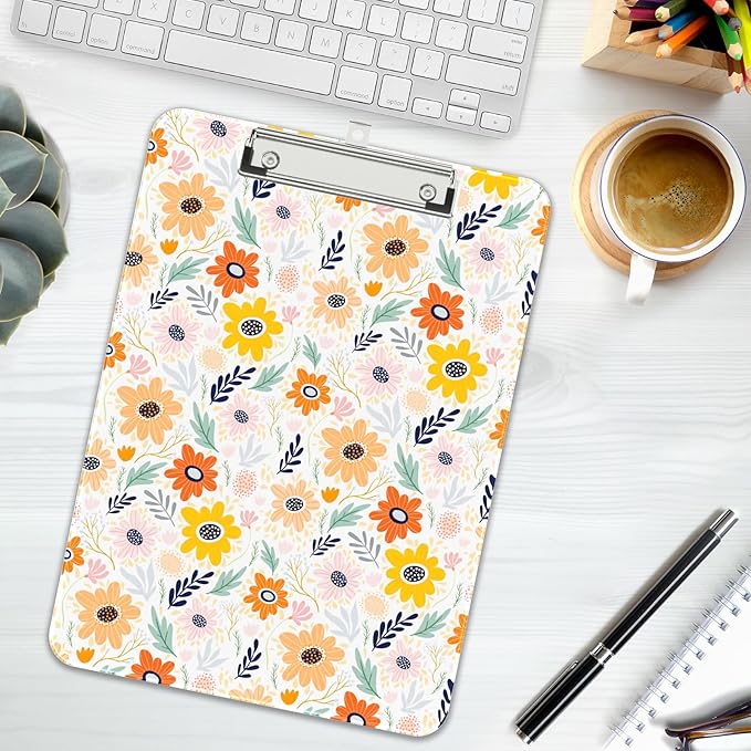 Rimilak Plastic Clipboards with Metal Clip, A4 Letter Size 9 x 12.5 in, Office Decorative for Students Women Men and Kids, Cute Custom Pattern, Orange Flower