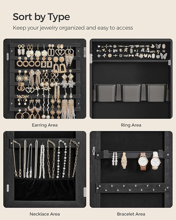 SONGMICS Mirror Jewelry Cabinet Armoire, Wall or Door Mounted Jewelry Storage, Hanging Lockable Frameless with 2 Plastic Cosmetic Organizers, Gift Idea, Black UJJC001B01