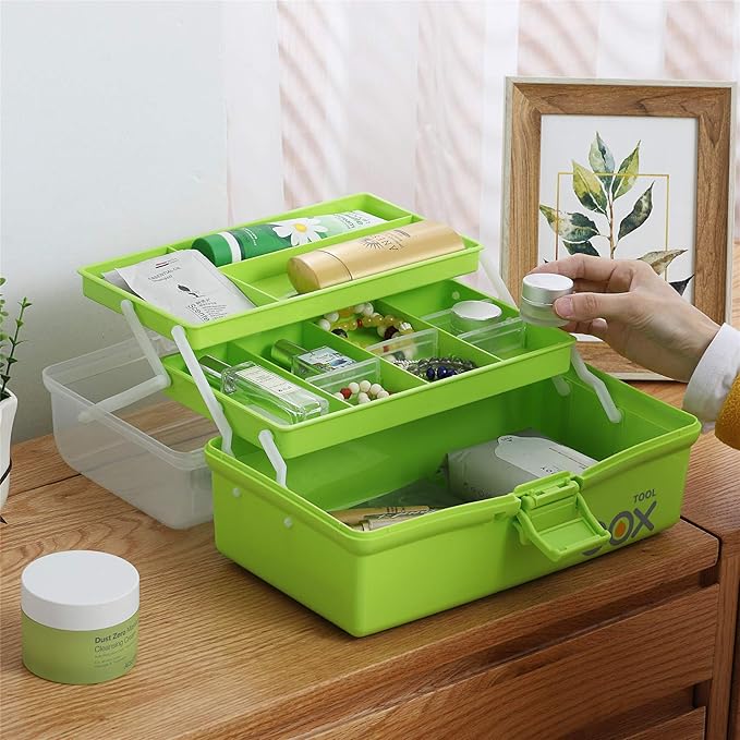 2PCS 12'' Three-Layer Clear Plastic Storage Box/Tool Box, Multipurpose Organizer and Portable Handled Storage Case for Art Craft and Cosmetic (Green)