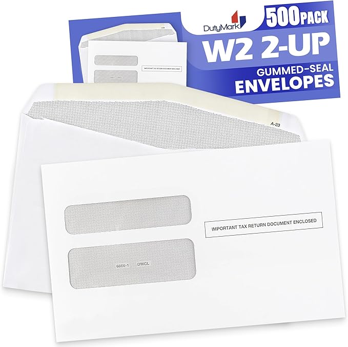 500 W2 Envelopes, Designed for Printed W2 Laser forms, W-2 Printed 2 Up Forms use by QuickBooks and other Tax Software -Gummed Seal- Double Window Security Envelopes Box of 500