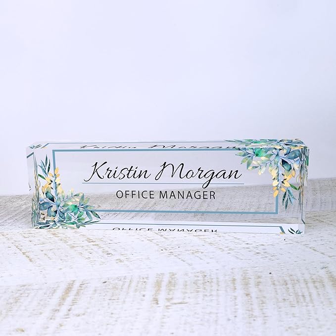 Desk Name Plate for Women, Personalized Plaque, Yellow Floral Name for Desk, Clear Acrylic Name Plate