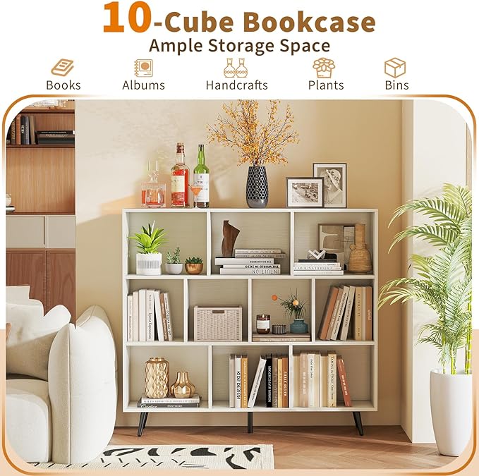 Tangkula 10-Cube Bookcase, Modern 47”L Storage Bookshelf with 5 Tapered Metal Legs & 2 Anti-Tip Kit, Freestanding Display Rack for Living Room, Study Room (White, 10-Cube)