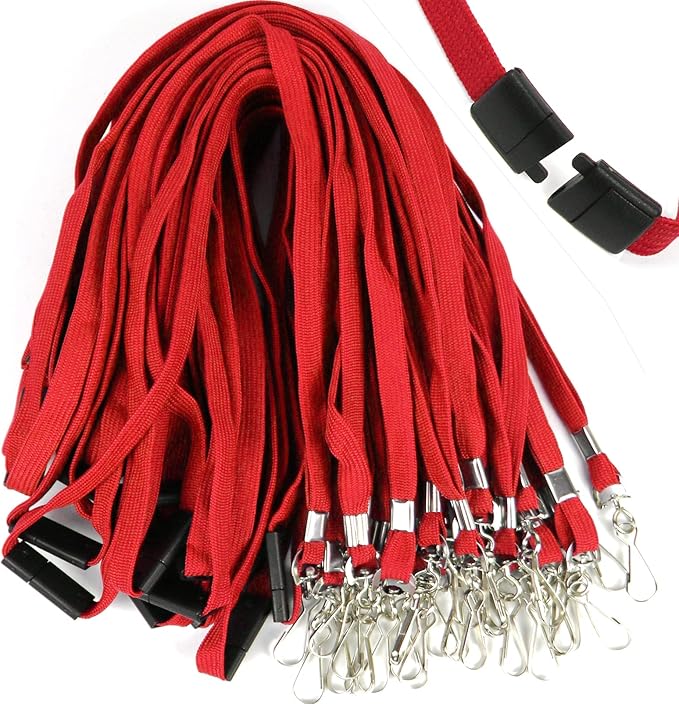 Safety Breakaway Lanyard With J-Hook for ID Badges, Cruise, Business Card, NameTag Holder - Premium Flat Lanyards for Women/Men, Employees, Students (Red, Breakaway 100 Pack)