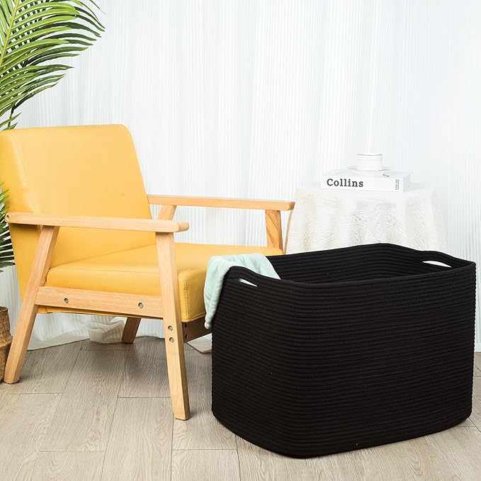 MINTWOOD Design 112L Extra Large Blanket Basket Holder Living Room, 25"x17"x16" Rectangle Rope Woven Storage Basket with Handles for Laundry, Pool Towels, Shoes, Dog Toy Organizer Bin Box, Black