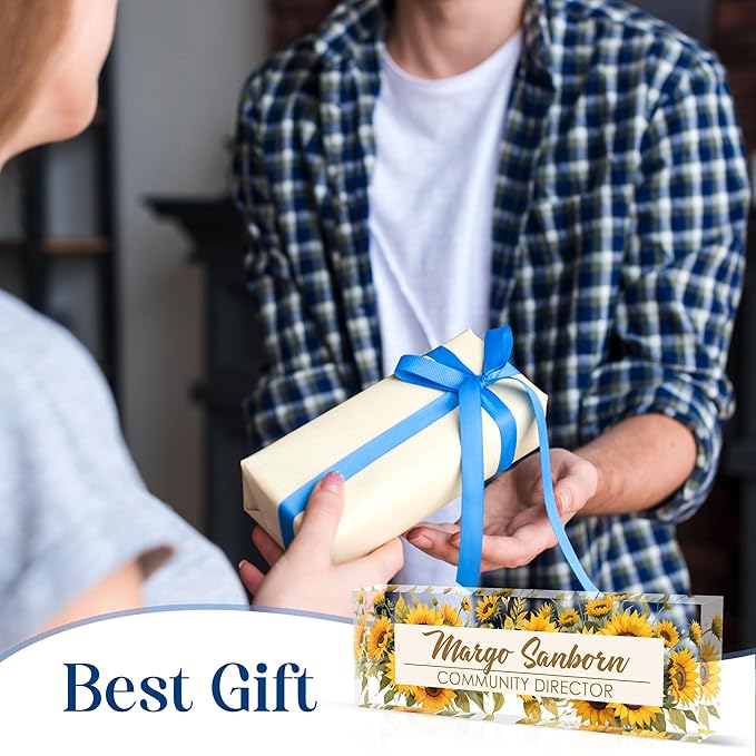 Personalized Office Name Plate, Custom Name Plate for Desks, Office Desk Decorations Gift for Women Men, Acrylic Desk Name Plate for Teacher Coworkers Staff Boss (Sunflower)