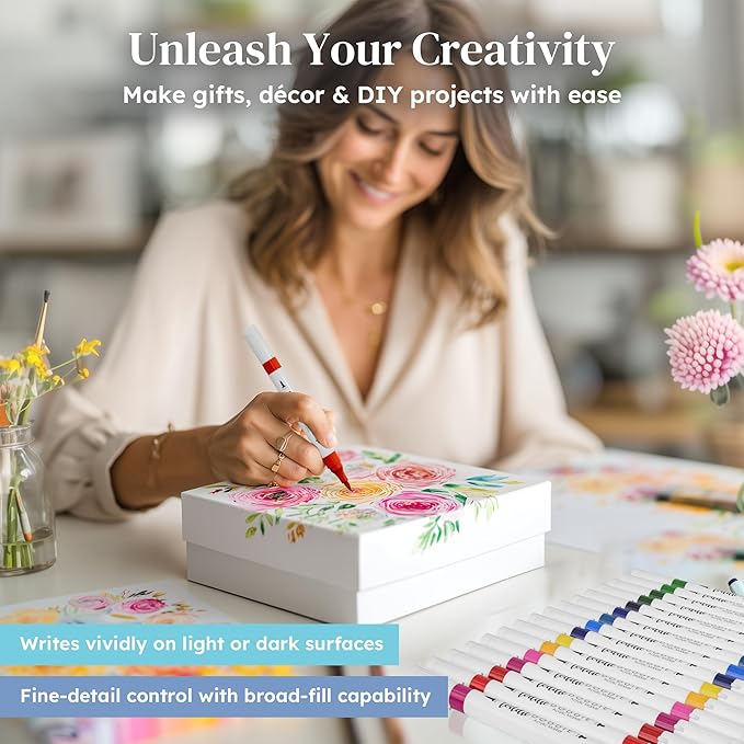 Loddie Doddie Acrylic Markers, 24 Unique Colors, Double-Ended Multi Surface Art Markers Set with Fine and Brush Tips, Portable Storage Case for DIY Projects, Crafts, and Decor (24)