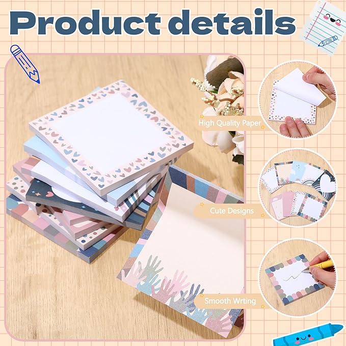 9 Pads Boho Sticky Notes 3x3 Inch Cute Self Stick Notepads Notes Adhesive Memo Pad Office Decor Gifts for Students School Teacher Meeting Office Supplies