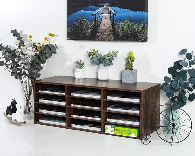 PAG Mail Sorter, Wooden Countertop Literature Organizer, Student & Desktop Bill Paper Organizer, 12 Compartments, Antique Brown