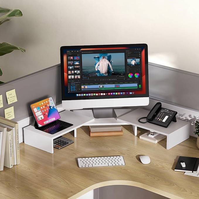 FITUEYES Dual Monitor Stand – 3 Shelf Computer Monitor Riser, Wood Desktop Stand with Adjustable Length and Angle, Desk Accessories, Office Supplies Medium White, DT108008WW