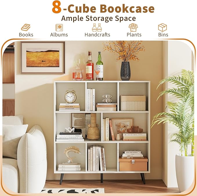Tangkula 8-Cube Bookcase, Modern Storage Bookshelf with 5 Tapered Metal Legs & 2 Anti-Tip Kit, Freestanding Display Rack for Living Room, Study Room (8-Cube,White)