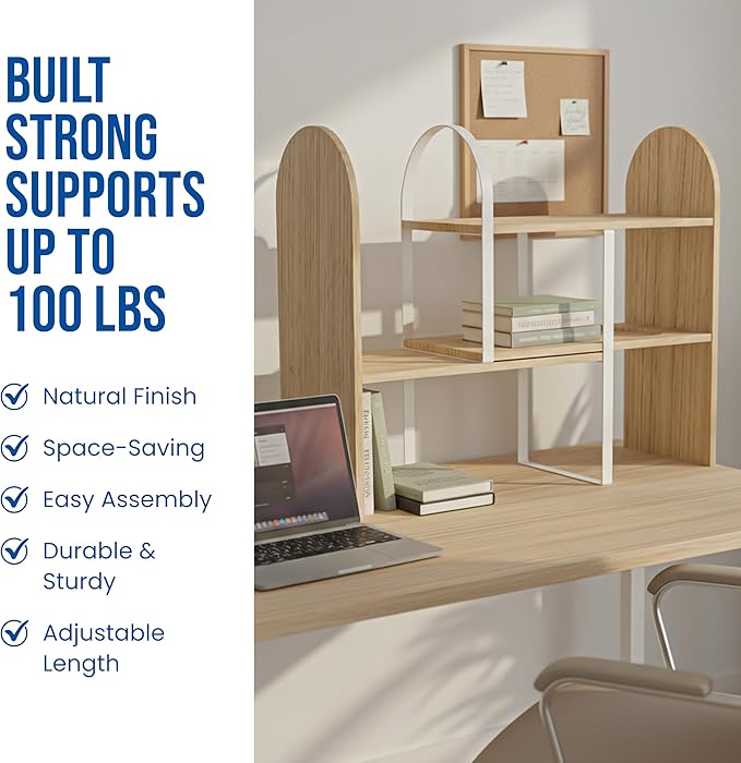 Maplefield Desk Hutch Expandable Shelf Organizer, Natural Finish, Engineered Wood Desktop Storage Rack for Office, Dorm, or Home – Adjustable Over Desk Bookshelf for Supplies, Decor & Accessories