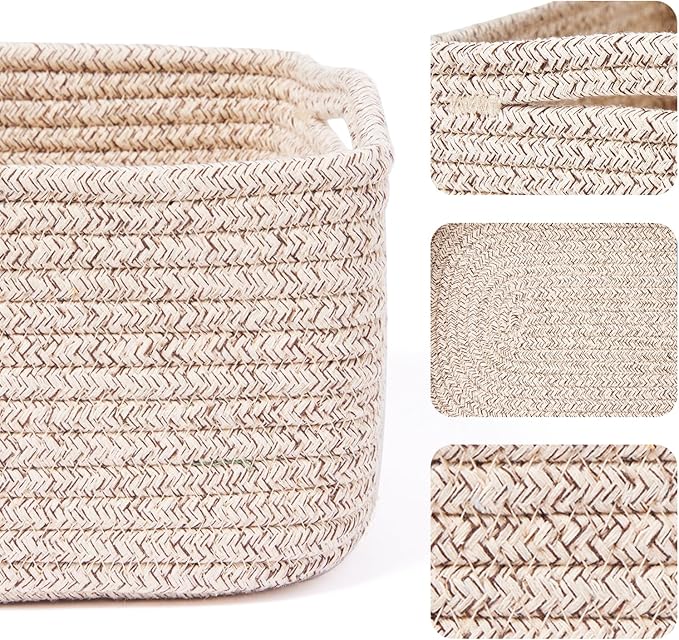 Small Storage Baskets for Organizing | Closet Organizer Bins | Shelf Toy Basket | Woven Rope Baskets | Cube Decorative Box | Shallow Basket | 13x8.5x5.1” | 3 Packs Mixed Brown