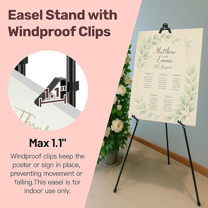 2Pack Black Easel Stand for Sign & Poster - 63" Adjustable Metal Display Easels for Wedding Welcome Signs, Painting, Canvas, Art & Picture - Portable Folding Tripod with Carry Bag, Holds 5 Lbs