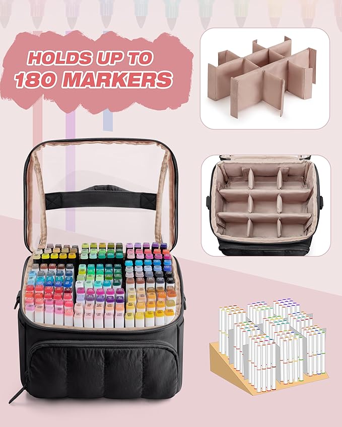 Quilted Marker Organizer Case Holds 180 Markers, Marker Storage Organizer Bag with Dividers and Multiple Pockets (Bag Only), Black