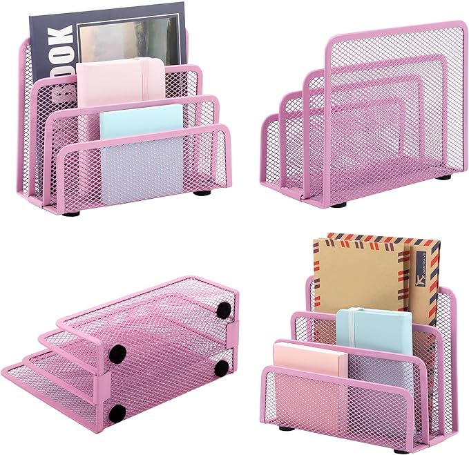 EASEPRES Desk Mail Organizer, Office Small Desktop Metal Mesh Envelope Letter Sorter Paper File Holder Organizer with 3 Vertical Upright Compartments, Pink 2 Pack