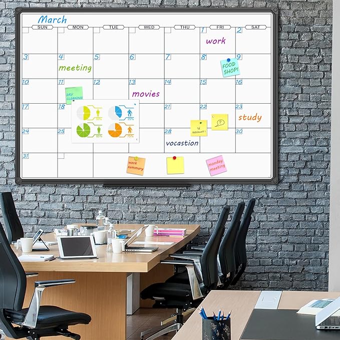 JILoffice Dry Erase Calendar Whiteboard - Magnetic White Board Calendar Monthly 48 X 36 Inch, Black Aluminum Frame Wall Mounted Board for Office Home and School