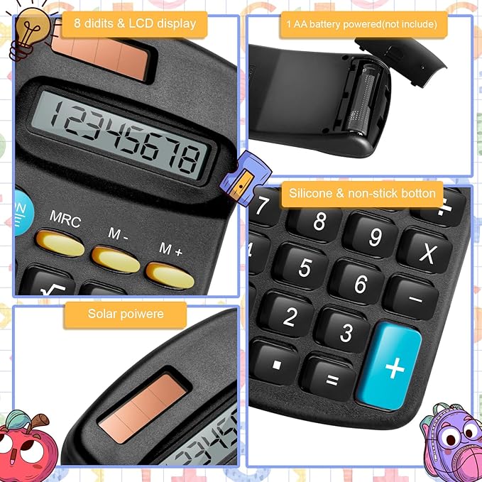24 Packs Pocket Size Mini Black Calculator Basic Calculators for Handheld Angled Students 8 Digit Display Solar Battery Dual Power Small Calculator for Students Kids Home Office