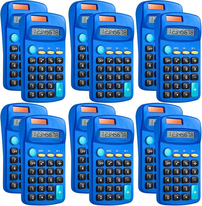 12 Packs Pocket Size Mini Blue Calculator Basic Calculators for Handheld Angled Students 8 Digit Display Solar Battery Dual Power Small Calculator for Students Kids Home Office