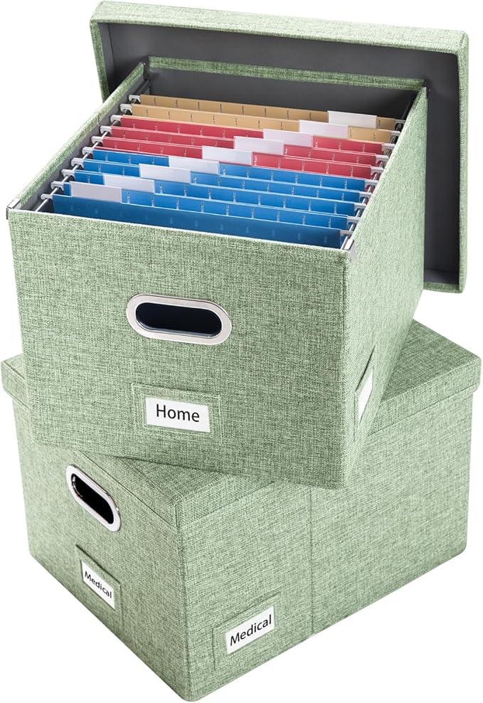 PRANDOM File Organizer Box - Set of 2 Collapsible Decorative Linen Filing Storage Hanging File Folders with Lids Office Cabinet Letter/Legal Size Green 17x14x11.2 inch