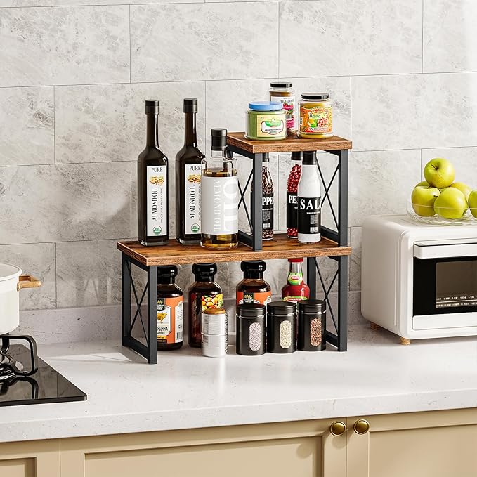 Honiter Desk Shelf Organizer, Desk Shelf for Top of Desk, 2 Tier Adjustable Small Bookshelf Organizer, Freestanding Stackable Desktop Stand, Kitchen Counter Display Rack, Rustic Brown