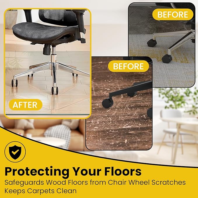 VASUHOME Premium Tempered Glass Chair Mat, 46 x 55 Inch Large Office Floor Mat for Carpet or Hardwood Floors, 1/5" Thick with 12 Anti-Slip Pads