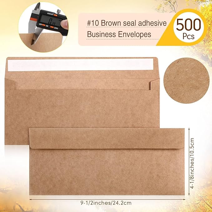 Jutom 500 Pcs Kraft Envelopes Letter Size Bulk #10 Business Strong Sealed 4-1/8 x 9-1/2 in Flap Office Printable Mailing Envelopes Windowless Invisible (Brown)