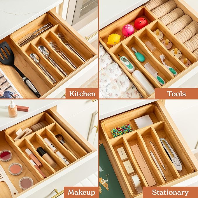 SMIRLY Silverware Drawer Organizer – Bamboo Kitchen Drawer Organizer, Adjustable Utensil Holder and Cutlery Tray, Drawer Dividers for Flatware and Kitchen Utensils