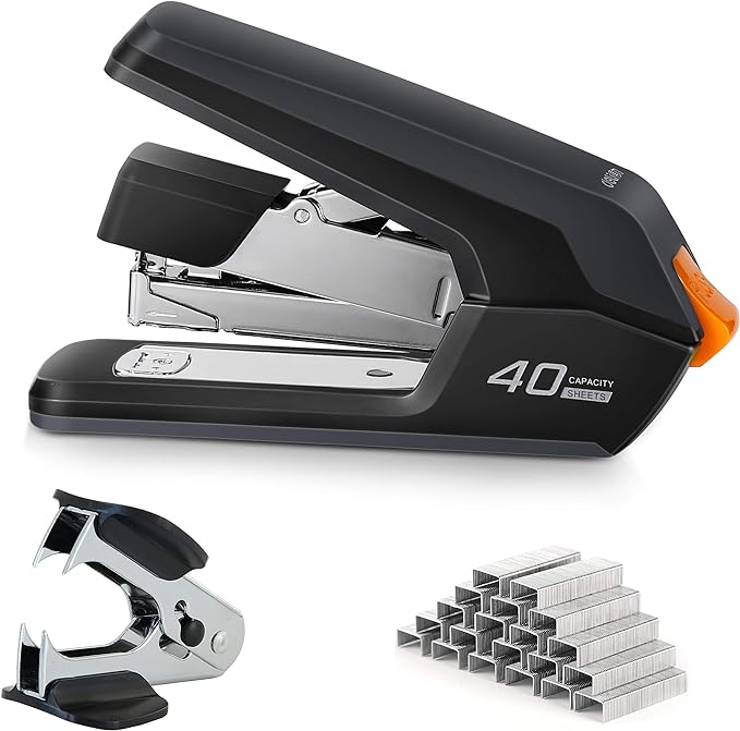 Deli Effortless Desktop Stapler, 40 Sheet Capacity, One Finger Touch Stapling, Easy to Load Ergonomic Heavy Duty Stapler, Includes 1500 Staples and Staple Remover