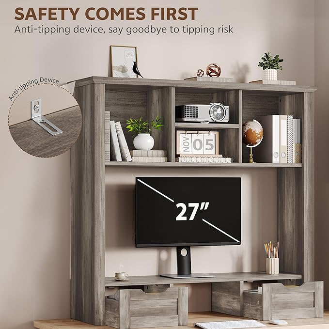 Desktop Bookshelf with Computer Monitor Stand, 37.4''W Desk Shelf Display Rack, Desktop Organizer Storage Rack with 4 Cubbies and 2 Drawers, 5-Tier Desk Hutch for Home, Office, Dorm, Vanity