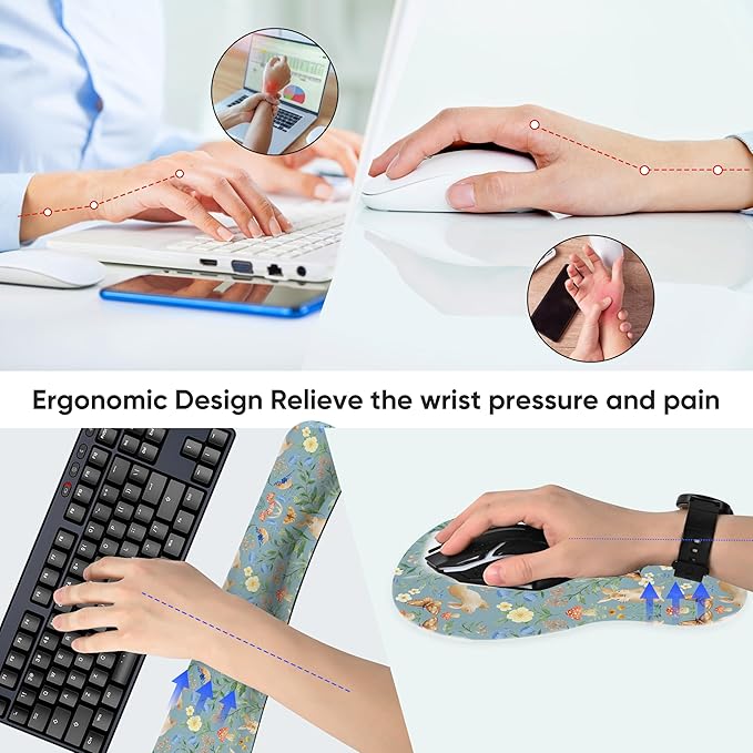 Mouse Pad Wrist Rest Support Keyboard Set Circle Coaster Gaming Mouse Pad Ergonomic Gel Memory Foam Set for Computer, Laptop, Office, Pain Relief, Comfortably Typing Rabbit KM-40