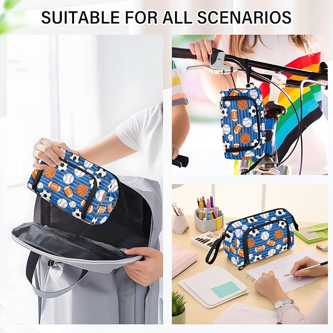 Soccer Balls Blue Pencil Case Pouch Big Capacity Pencil Bag Box Organizer Pen Case with Handle Stationery Organizer for Kids Boys Girls Women College Office