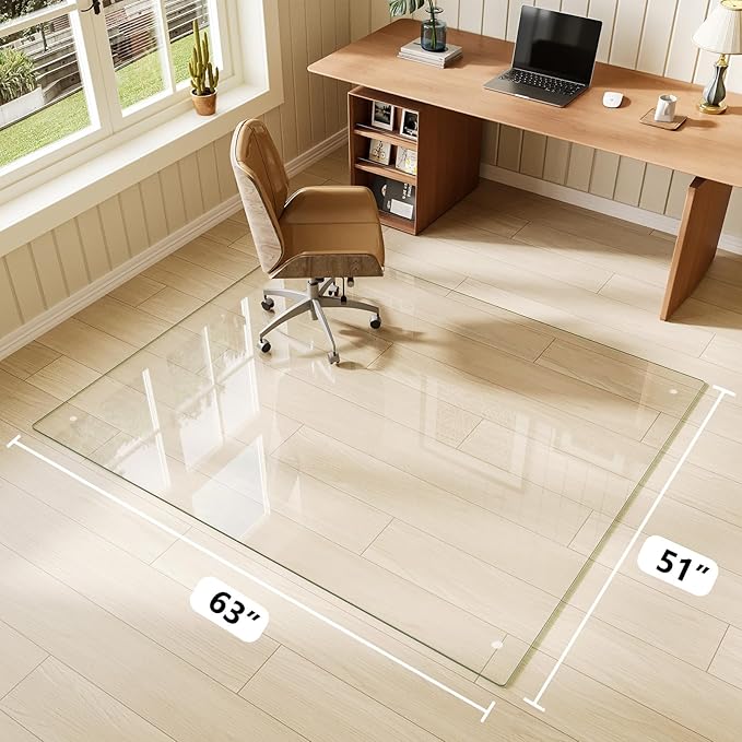FlyEcho Glass Chair Mat 51" x 63" Heavy Duty Tempered Glass Office Chair Mat, Glass Floor Mat with Round Corner and Polished Edge for Smooth Glide, Carpet Hardwood Floor Protector