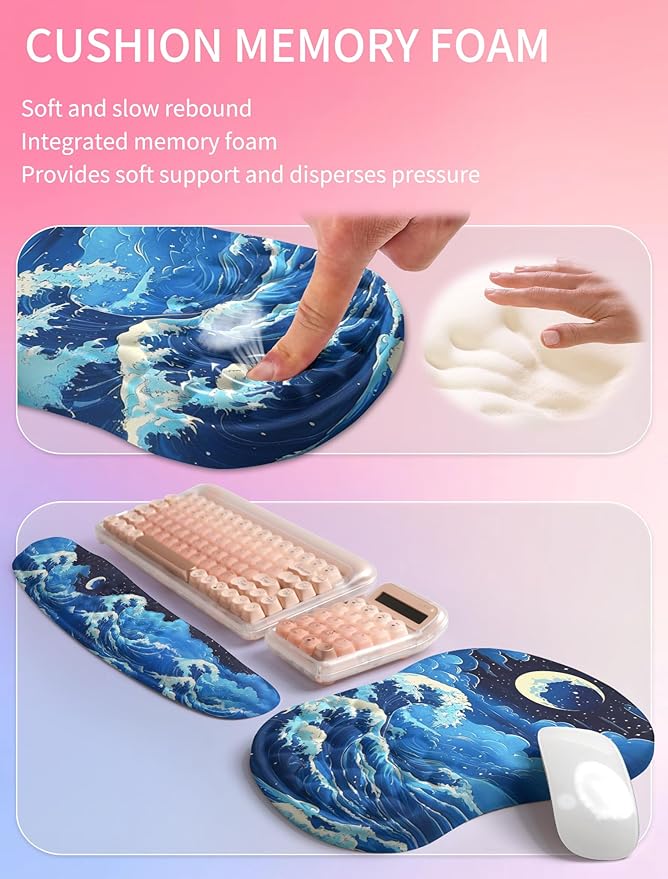Hokafenle 2in1 Combination, Wave Keyboard Wrist Rest and Ergonomic Curvature Mouse Pad Wrist Support for Relieve Wrist Pain, Filled with Soft Cushion Memory Foam, Crescent Waves
