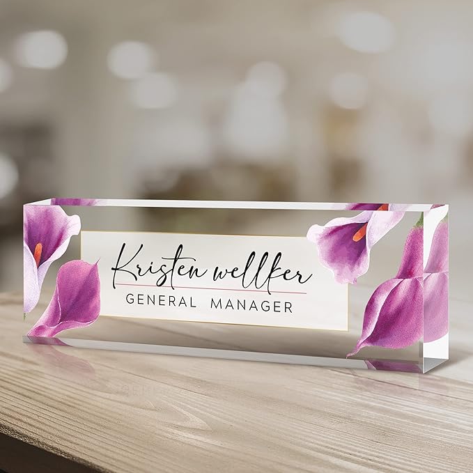 Personalized Name Plate for Desk Custom Acrylic Desk Name Plate Custom Employee Appreciation Gifts Office Gifts for Women, Men, Boss, Coworkers, Teacher, Nurse (Purple Calla Lily)