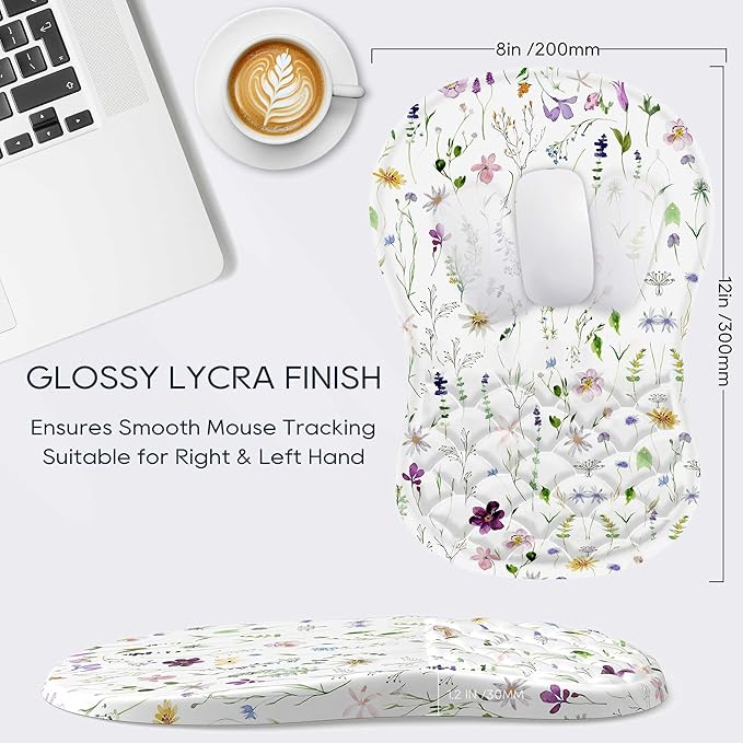 Ergonomic Mouse Pad with Wrist Rest, Soft Mousepad with Beautiful Flowers Plant，Memory Foam and Non-Slip Pu Base for Pain Relief, Gaming Mouse Pad for Desk, Home, Office