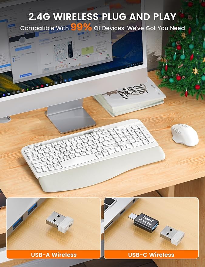 SABLUTE Wireless Keyboard and Mouse Combo, Ergonomic Wave Keys, Cushioned Palm Rest, Rechargeable, Phone Holder, Natural Typing, 2.4G Lag-Free, Full Size Keyboards Cordless Set for Windows/Mac, White