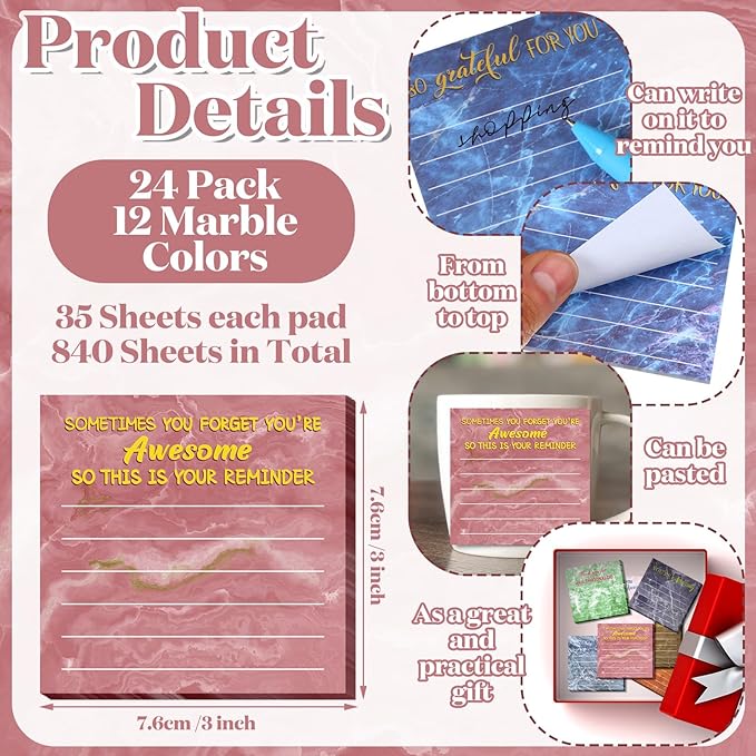 Yinder 24 Pcs Employee Appreciation Sticky Notes New Year Gift Bulk Motivation Sticky Note Pads Inspirational Gift for Teacher Nurse Staff Coworker Office Supply 3 x 3'' (Appreciation,Marble)