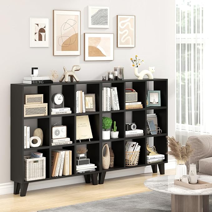 Giantex 9-Cube Open Bookcase, 3-Tier Freestanding Bookshelf with 4 Slanted Legs & 6 Removable Shelves, Modern Cubby Storage Organizer, Wood Display Book Shelf for Living Room Bedroom Study (1, Black)