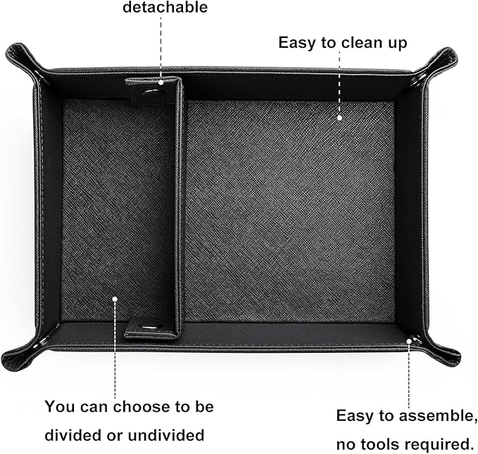 BONNY DODO Valet Tray for Men PU Leather Tray Organizer with Partition, Storage Keys, Watch & Practical Storage for Table Nightstand Living Room Bedroom (Black)