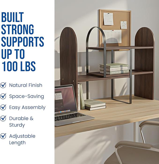 Maplefield Desk Hutch Expandable Shelf Organizer, Walnut Finish, Engineered Wood Desktop Storage Rack for Office, Dorm, or Home – Adjustable Over Desk Bookshelf for Supplies, Decor & Accessories
