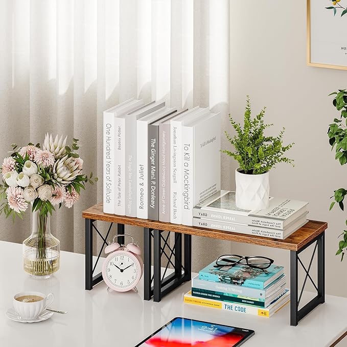 Honiter Desk Shelf Organizer, Desk Shelf for Top of Desk, 2 Tier Adjustable Small Bookshelf Organizer, Freestanding Stackable Desktop Stand, Kitchen Counter Display Rack, Rustic Brown